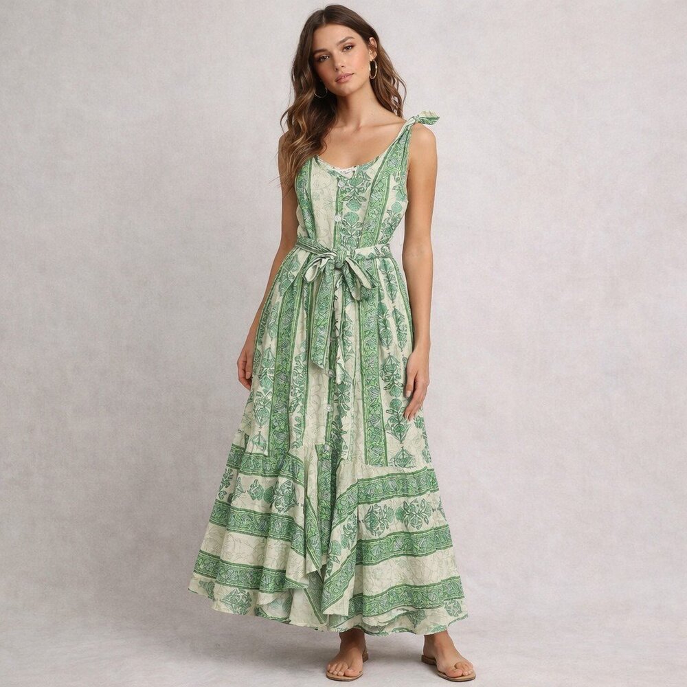 Roller Rabbit Berrino Sedona Printed Scoop Neck Tie Waist Midi Dress XS